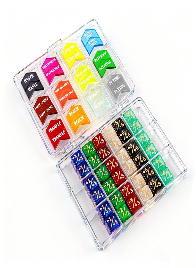 PUGED 61 Pieces MTG Dice Counters and Abilities Keywords Creature Stats Buff Acrylic Tokens with Box for MTG TCG Games Gift Gaming Accessories (Colors) - Image 1